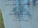 
Margaret (ALCORN)
(wife of William ALCORN)
d: 10 ?? 1881, aged ?4

Simon ALCORN
d: ?? 1871, aged 19

Harrisville Cemetery - Scenic Rim Regional Council
