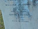 Margaret (ALCORN) (wife of William ALCORN) d: 10 ?? 1881, aged ?4  Simon ALCORN d: ?? 1871, aged 19  Harrisville Cemetery - Scenic Rim Regional Council 