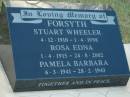 Stuart Wheeler FORSYTH b: 4 Dec 1910, d: 1 Apr 1998 Rose Edna FORSYTH b: 1 Apr 1915, d: 24 Aug 2002 Pamela Barbara FORSYTH b: 6 Mar 1941, d: 28 Feb 1943  Harrisville Cemetery - Scenic Rim Regional Council 