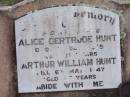 
Alice Gertrude HUNT
d: 11 Jul 1929?, aged 71
Arthur William HUNT
d: 6 May 1947, aged 86?
Harrisville Cemetery - Scenic Rim Regional Council
