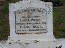 Laura WEIGEL d: 22 Dec 1928, aged 52 G. Emil WEIGEL d: 3 Jul 1959, aged 86  Harrisville Cemetery - Scenic Rim Regional Council 