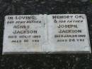 Agnes JACKSON d: 17 Nov 1965, aged 80 Joseph JACKSON d: 24 Jan 1966, aged 84  Harrisville Cemetery - Scenic Rim Regional Council 