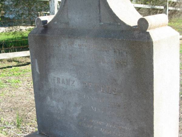 Franz PETERS, born Jan 1883 died May 1894;  | Johann Gottfried STOHFELD, born 27? Dec 1844 died 17 Apr 1882;  | St Paul's Lutheran Cemetery, Hatton Vale, Laidley Shire  | 