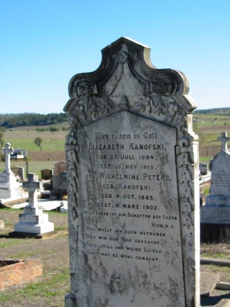 Elizabeth KANOFSKI, born 27 July 1894 died 16 Nov 1915;  | Wilhelmine PETERS, nee KANOFSKI, born 4 Oct 1883 died 9 Mar 1902;  | St Paul's Lutheran Cemetery, Hatton Vale, Laidley Shire  | 