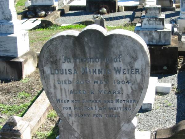Louisa Minnie WEIER, died 20 May 1904 aged 8 years;  | St Paul's Lutheran Cemetery, Hatton Vale, Laidley Shire  | 