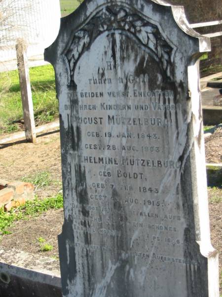 August Mutzelburg, born 19 Jan 1843 died 28 Aug 1903;  | Wilhelmine Mutzelburg, nee BOLDT, born 7 Feb 1843 died 23? Aug 1915;  | St Paul's Lutheran Cemetery, Hatton Vale, Laidley Shire  | 