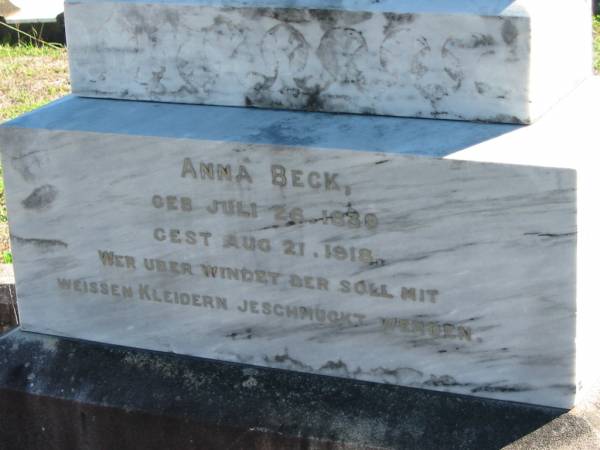 Peter Petersen BECK, born 21 Dec 1834 died 3 March 1910;  | Anna BECK, born 26 July 1839 died 21 Aug 1918;  | St Paul's Lutheran Cemetery, Hatton Vale, Laidley Shire  | 