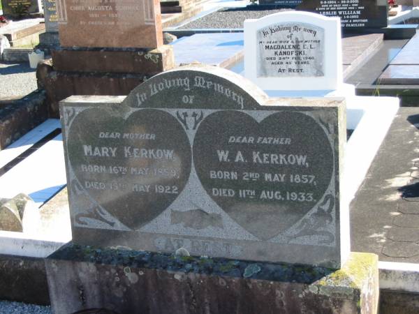 W.A.KERKOW; b: 2 May 1857; d: 11 Aug 1933  | Mary KERKOW; b: 16 May 1859; d: 15 May 1922  | St Paul's Lutheran Cemetery, Hatton Vale, Laidley Shire  | 