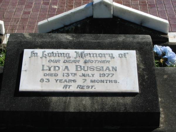 Lydia BUSSIAN; 13 Jul 1977; aged 83 yrs 7 months  | St Paul's Lutheran Cemetery, Hatton Vale, Laidley Shire  | 