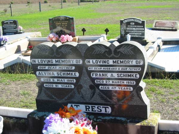 Alvina SCHIMKE, died 6 May 1985 aged 81 years, mother;  | Frank A. SCHIMKE, died 27 Mar 1952 aged 47 years;  | St Paul's Lutheran Cemetery, Hatton Vale, Laidley Shire  | 
