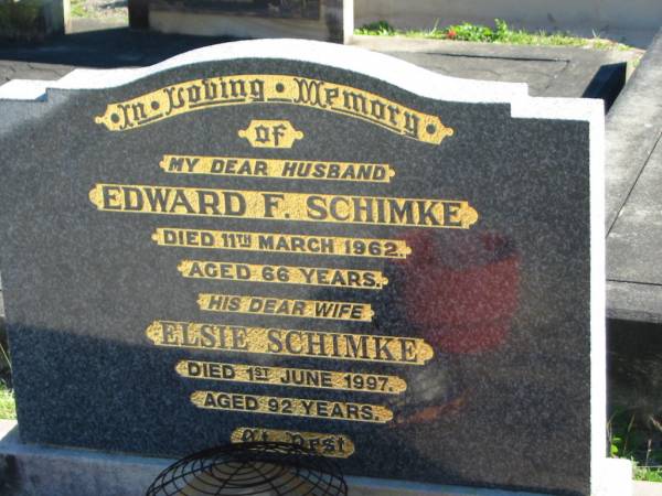 Edward F. SCHIMKE, died 11 March 1962 aged 66 years, husband;  | Elsie SCHIMKE, died 1 June 1997 aged 92 years, wife;  | St Paul's Lutheran Cemetery, Hatton Vale, Laidley Shire  | 