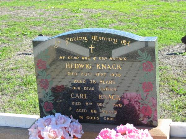 Hedwig KNACK, died 28 Sept 1970 aged 75 years, wife mother;  | Carl KNACK, died 8 Dec 1976 aged 88 years, father;  | St Paul's Lutheran Cemetery, Hatton Vale, Laidley Shire  | 
