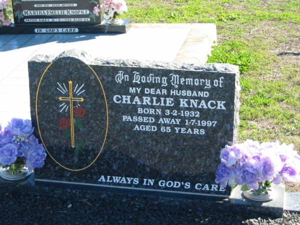 Charlie KNACK, born 3-2-1932 died 1-7-1997 aged 65 years, husband;  | St Paul's Lutheran Cemetery, Hatton Vale, Laidley Shire  | 