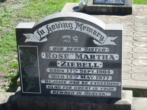 Rose Martha ZIEBELL, born 17 Sept 1904 died 13 May 1977, sister;  | St Paul's Lutheran Cemetery, Hatton Vale, Laidley Shire  | 