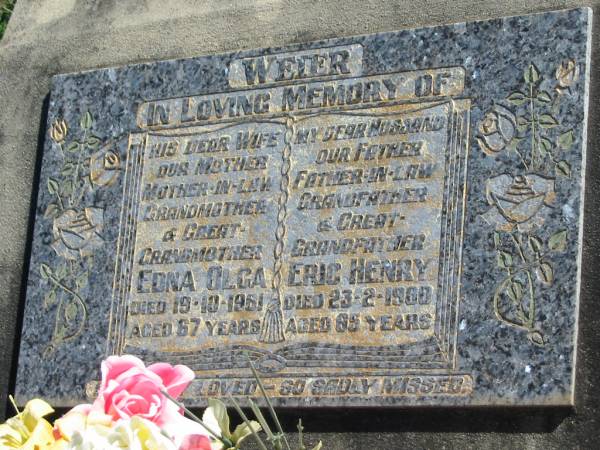 WEIER;  | Edna Olga, died 19-10-1981 aged 67 years, wife mother mother-in-law, grandmother great-grandmother;  | Eric Henry, died 23-2-1980 aged 65 years, husband father father-in-law grandfather great-grandfather;  | St Paul's Lutheran Cemetery, Hatton Vale, Laidley Shire  | 