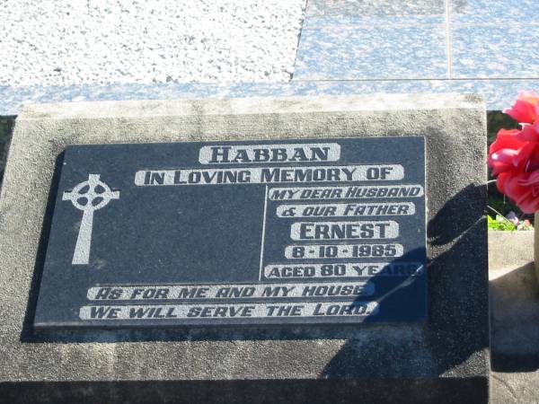 HABBAN;  | Ernest, 8-10-1985 aged 80 years, husband father;  | St Paul's Lutheran Cemetery, Hatton Vale, Laidley Shire  | 