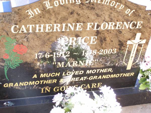 Catherine Florence PRICE ( Marnie ),  | 17-6-1912 - 14-8-2003,  | mother grandmother great-grandmother;  | Helidon Catholic cemetery, Gatton Shire  | 
