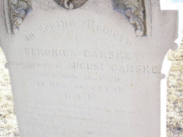 Veronica GARSKE,  | wife of August GARSKE,  | died 16 Aug 1920 in her 80th year;  | August GARSKE, husband,  | died 20 July 1922 aged 78 years;  | Helidon Catholic cemetery, Gatton Shire  | 