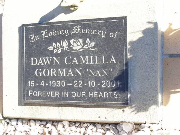 Dawn Camilla GORMAN,  nan ,  | 15-4-1930 - 22-10-2001;  | Helidon Catholic cemetery, Gatton Shire  | 