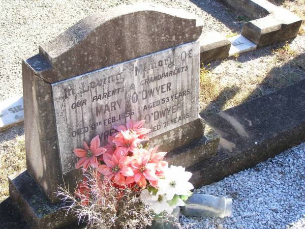 parents grandparents;  | Mary O'DWYER,  | died 11 Feb 1956 aged 53 years;  | Lawrence O'DWYER,  | died 3 Feb 1972 aged 71 years;  | Helidon Catholic cemetery, Gatton Shire  | 