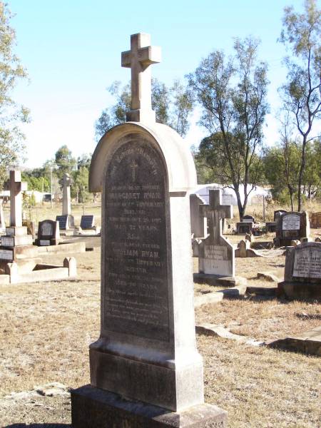 Margaret RYAN, mother,  | native of Co Tipperary Ireland,  | died 28 Oct 1897 aged 72 years;  | William RYAN, father,  | native of Co Tipperary Ireland,  | died 21 Feb 1900 aged 96 years;  | Helidon Catholic cemetery, Gatton Shire  |   | 