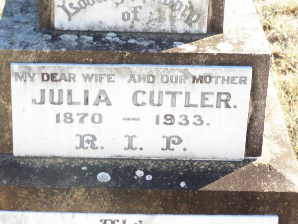 Julia CUTLER, wife mother,  | 1870 - 1933;  | Alfred Edward CUTLER,  | 1867 - 1941;  | Helidon Catholic cemetery, Gatton Shire  | 