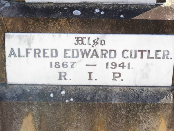 Julia CUTLER, wife mother,  | 1870 - 1933;  | Alfred Edward CUTLER,  | 1867 - 1941;  | Helidon Catholic cemetery, Gatton Shire  | 