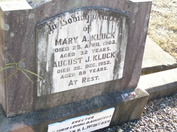 Mary A. KLUCK,  | died 25 April 1903 aged 32 years;  | August J. KLUCK,  | died 26 Dec 1952 aged 89 years;  | erected by daughters  | M. SCANLAN & L. MCINTOSH;  | Helidon Catholic cemetery, Gatton Shire  | 