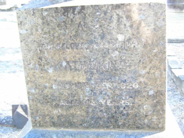 Mary, wife of John HONAN,  | died 23 March 1918 aged 74 years;  | Catherine, daughter,  | died 13 Sept 1920 aged 43 years;  | Helidon Catholic cemetery, Gatton Shire  | 