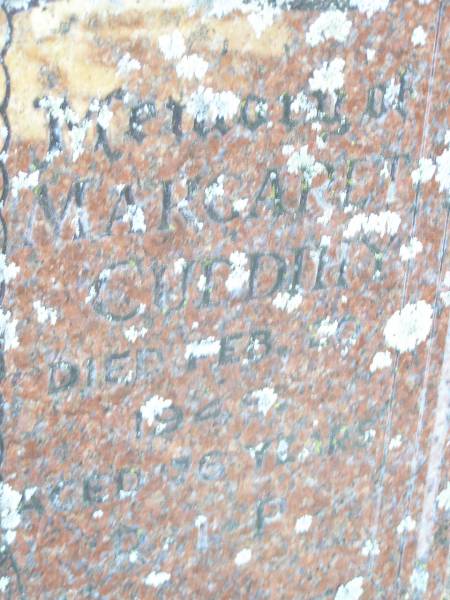 Thomas CUDDIHY,  | died 19 May 1932 aged 55 years;  | Margaret CUDDIHY,  | died 20 Feb 1948 aged 76 years;  | Helidon Catholic cemetery, Gatton Shire  | 