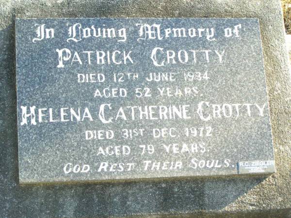 Patrick CROTTY,  | died 12 June 1934 aged 52 years;  | Helena Catherine CROTTY,  | died 31 Dec 1972 aged 79 years;  | Helidon Catholic cemetery, Gatton Shire  | 