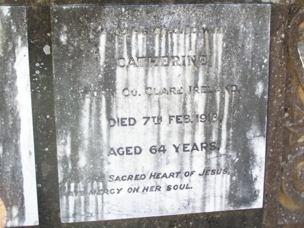 Thomas CROTTY,  | born Co Clare Ireland,  | died 8 Sept 1912 aged 70 years;  | Catherine,  | born Co Clare Ireland,  | died 7 Feb 1918 aged 64 years;  | Bridget CROTTY,  | died 14 July 1972;  | David Thomas CROTTY,  | 1892 -  1968;  | Mary Imelda CROTTY,  | died 28 June 1916 aged 10 months;  | Helidon Catholic cemetery, Gatton Shire  | 