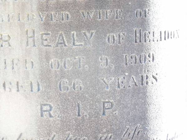 Winifred HEALY,  | wife of Peter HEALY of Helidon,  | died 9 Oct 1909 aged 66 years;  | Peter HEALY, husband,  | native of Co Wicklow Ireland,  | died 11 Dec 1915 aged 79 years;  | Thomas HEALY,  | died 1 May 1920 aged 48 years;  | James HEALY,  | died 11 Jan 1920 aged 32 years;  | Helidon Catholic cemetery, Gatton Shire  | 
