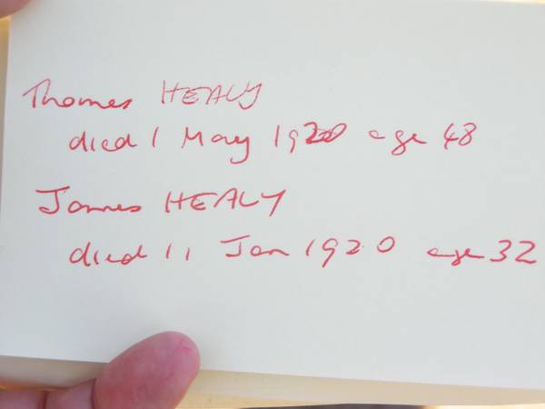 Winifred HEALY,  | wife of Peter HEALY of Helidon,  | died 9 Oct 1909 aged 66 years;  | Peter HEALY, husband,  | native of Co Wicklow Ireland,  | died 11 Dec 1915 aged 79 years;  | Thomas HEALY,  | died 1 May 1920 aged 48 years;  | James HEALY,  | died 11 Jan 1920 aged 32 years;  | Helidon Catholic cemetery, Gatton Shire  | 