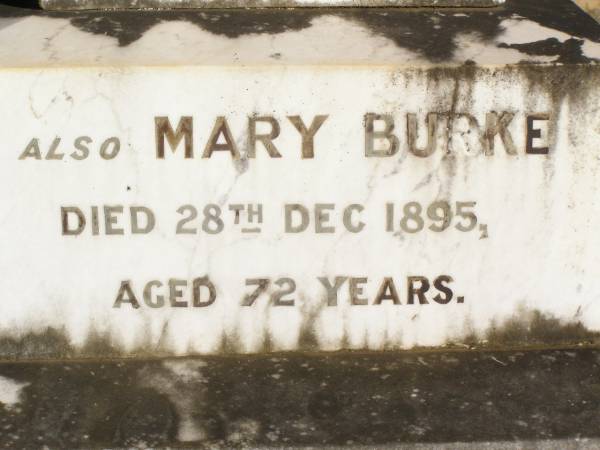 James CUDDIHY,  | died 7 July 1927 aged 97 years;  | Kate, wife,  | died 6 July 1930 aged 83 years;  | Jack MARLER, grandchild,  | died 30 June 1927 aged 5 years;  | Mary BURKE,  | died 28 Dec 1895 aged 72 years;  | Ellen CUDDIHY,  | died 4 June 1943 aged 69 years;  | Helidon Catholic cemetery, Gatton Shire  | 