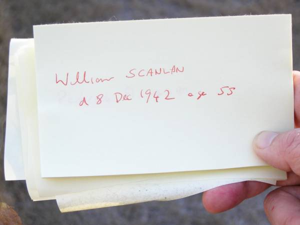William (Bill) SCANLAN,  | died 8 Dec 1942 aged 55 years;  | Helidon Catholic cemetery, Gatton Shire  | 