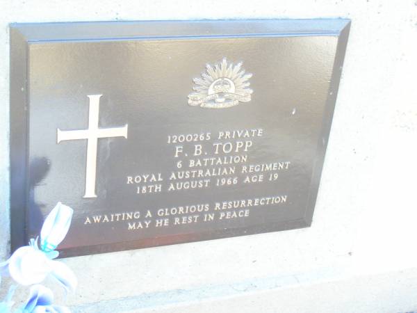 F.B. (Francis) TOPP,  | died 18 Aug 1966 aged 19;  | Helidon Catholic cemetery, Gatton Shire  | 