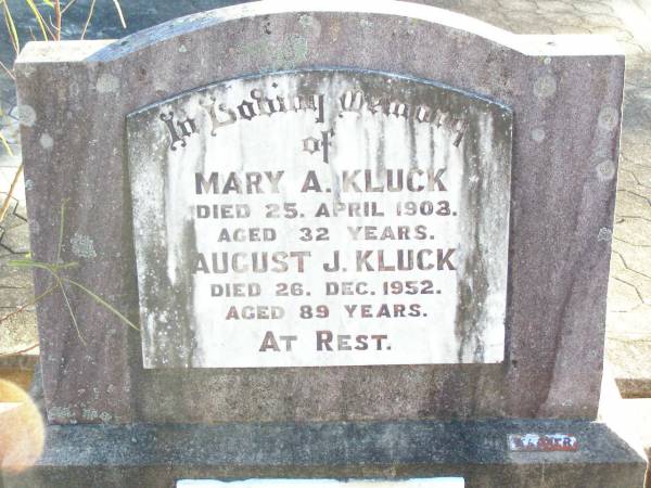 Mary A. KLUCK,  | died 25 April 1903 aged 32 years;  | August J. KLUCK,  | died 26 Dec 1952 aged 89 years;  | erected by daughters M. SCANLAN & L. MCINTOSH;  | Helidon Catholic cemetery, Gatton Shire  | 