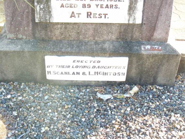 Mary A. KLUCK,  | died 25 April 1903 aged 32 years;  | August J. KLUCK,  | died 26 Dec 1952 aged 89 years;  | erected by daughters M. SCANLAN & L. MCINTOSH;  | Helidon Catholic cemetery, Gatton Shire  | 