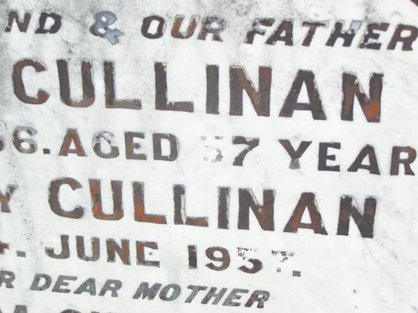 John J. CULLINAN, husband father,  | died 3 Sept 1956 aged 57 years;  | baby CULLINAN,  | died 24 June 1957;  | Alice M. CULLINAN,  | died 16 March 1985 aged 81 years;  | Helidon Catholic cemetery, Gatton Shire  | 