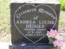 
Andrea Louise HEDGES,
died 9-9-1965 aged 3 days;
Helidon General cemetery, Gatton Shire
