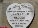 Janelle (Nell) R. HEDGES, daughter sister, died 4 May 1957 aged 3 years; Helidon General cemetery, Gatton Shire 