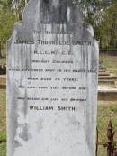 
James Thorneloe SMITH,
railway engineer,
died 14 March 1902 aged 76 years;
William SMITH,
brother;
Helidon General cemetery, Gatton Shire
