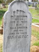 
Mr R. GREGSON,
died 1910 aged 77 years;
Mrs E. GREGSON,
died 1923 aged 88 years;
Helidon General cemetery, Gatton Shire
