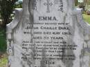 
Emma,
wife of Jacob Chaille DUKE,
died 24 May 1913 aged 59 years;
Herbert RENEAU,
died 18 May 1899 aged 2 years 4 12 months;
Helidon General cemetery, Gatton Shire
