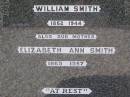 
William SMITH,
husband father,
1862 - 1944;
Elizabeth Ann SMITH,
mother,
1869 - 1957;
Helidon General cemetery, Gatton Shire
