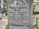 
Arthur WERTH,
son of W. & M. WERTH,
died 30 Nov 1917 aged 18 years;
Edward Charles WERTH,
son brother,
died 21 Jan 1942 aged 3 days;
Wilhelm August WERTH,
father,
died 26 March 1933 aged 65 years,
inserted by wife & family;
Martha WERTH,
mother,
died 22 July 1951 aged 82 years;
Helidon General cemetery, Gatton Shire

