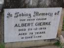 Albert GIERKE, cousin, died 29-12-1975 aged 75 years; Helidon General cemetery, Gatton Shire 