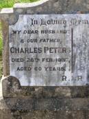 Charles PETERS, husband father, died 28 Feb 1937 aged 60 years; Helidon General cemetery, Gatton Shire 