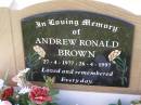 
Andrew Ronald BROWN,
27-4-1977 - 26-4-1997;
Helidon General cemetery, Gatton Shire
